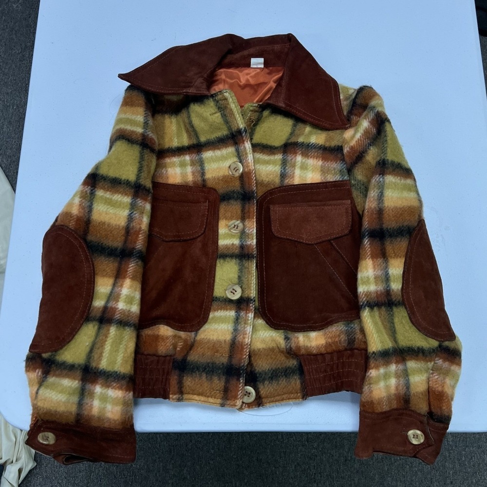Vintage Wool Plaid Bomber Jacket Womens 9/10 Brown Suede Trim Made in Uruguay